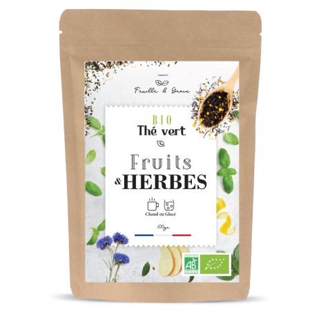 Fruits et Herbes - Thé Vert et Blanc Aromatisé - Mélange de Feuilles, Plantes, Épices et Fruits en Vrac - 100 g